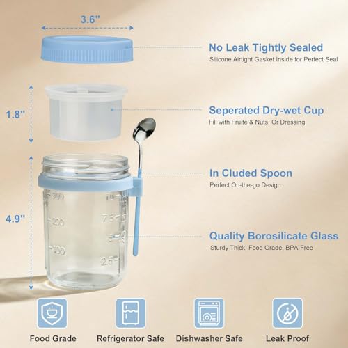 Image of 4 Pack Overnight Oats Containers with Lids and Spoons - 16 oz Glass Mason Jars with Dressing Cup, Over night Oat Jars for Meal Prep, Yogurt Parfait Cup for Chia Seed Salad (Blue)