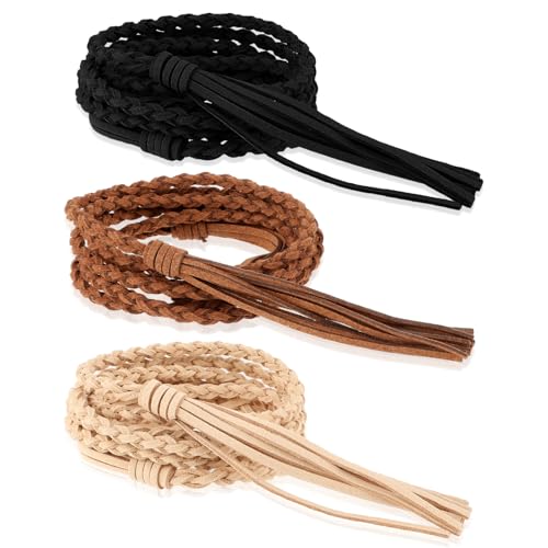 3 PCS Skinny Tassel Belts for Women Thin Braideds Belt Braided Bowknot Waist Rope Belts Boho Thin Belt Braided Stretch Chain for Skirt Dress