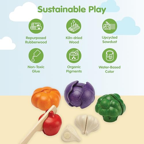 Image of PlanToys 5 Wooden, Colorful Vegetable (Veggie) Food Playset (3431) | Sustainably Made from Rubberwood and Non-Toxic Paints and Dyes.