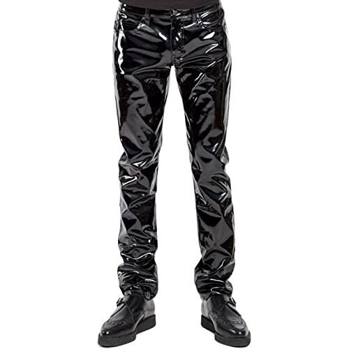 inlzdz Homme Pantalon en Cuir Verni Noir Leggings Latex Collant Erotique Sexy avec Bulge Poche Legging Extensible Souple Pantalon Taille Haute Clubwear B Noir M