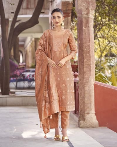 Image of Shaily Premium Silk Blend Woven Design Readymade Kurta with Pants and Dupatta Set | Ethnic Set | 3-Piece Suit Set | Haldi and Wedding Suit Set for Women