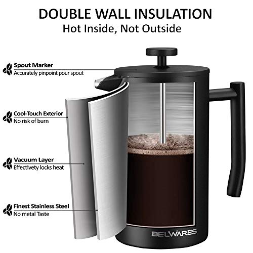 Belwares Large French Press Coffee Maker with Extra Filters for a Richer and Fuller Coffee Flavor, Designed with Double Wall Black Stainless Steel (50oz) Perfect Gift Idea