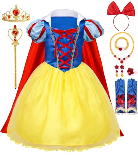 vamei Traje branco de neve menina vestido de branco de neve para menina com coroa varinha mágica anel colar disfarce de princesa Halloween carnaval festa de aniversário menina 2 3 4 5 6 7 8 9 10 anos