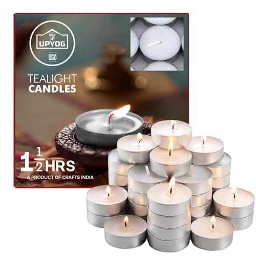 UPYOG 50 pcs Tea Light Candles - 1.5 Hours Burn Time - Unscented, Smokeless, Long-Lasting Tealights for Weddings, Home Décor, Aromatherapy, Emergency Lighting (B0D714JKPH) Amazon Price History, Amazon Price Tracker
