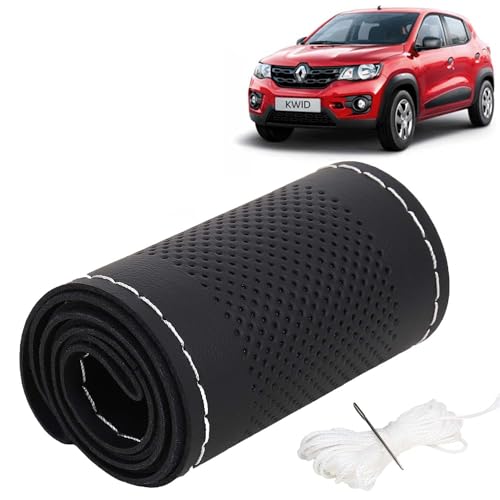 Image of KINGSWAY PU Leatherite Car Steering Cover Sewable Compatible with Renault Kwid (Year 2015-2018), Black Color with Silver Thread, Pack of 1 with Sewing Needle and Thread