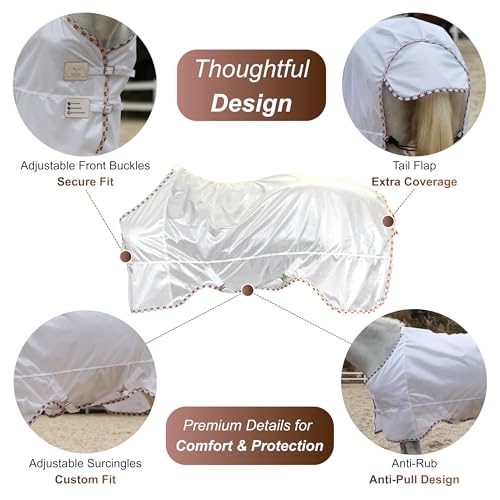 Image of BARN & STABLE Breathable and UV Protective Tear-Resistant Mesh Horse Fly Sheet Comfy Equine Summer Sheet with Removable Web Leg Straps (White - Curvy Fit, 72 in)