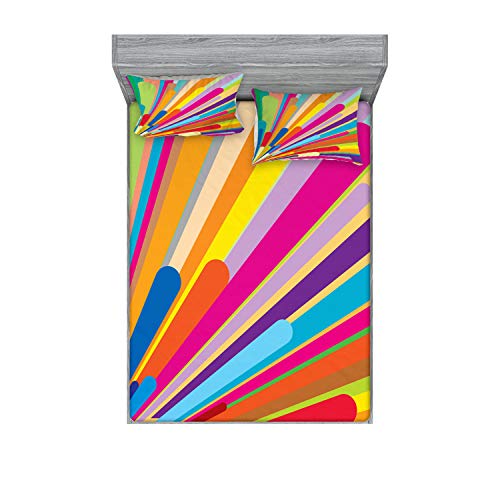 Ambesonne Vintage Rainbow Fitted Sheet & Pillow Sham Set, Burst