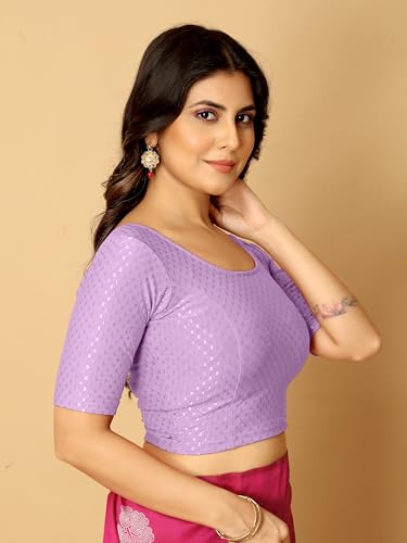 Image of Amazon Brand - Anarva Round Neck Dobby Cotton Lycra Stretchable Elbow Half Sleeve Readymade Saree Blouse for Women Stylish
