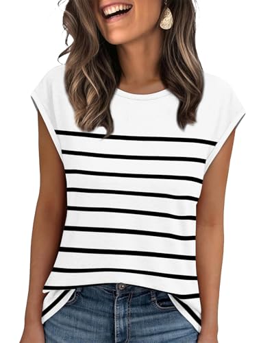 XIEERDUO Womens Tops Dressy Casual Summer Striped Shirts Cap Slee...