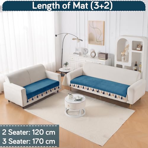 Image of HOKIPO 5 Seater Sofa Cover Mat with Tassel in 3+2 Configuration | Dyed Holland Velvet Fabric | 'TasselTone Series' | Sea Blue (IN-1108+1106-BL)