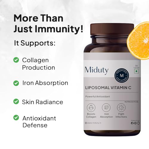 Image of Miduty Liposomal Vitamin C Supplement - Antioxidant Vitamin, Skin Rejuvenation & Immunity Booster Supplement Helps to Boost Collagen for Skin, Hair & Nails - 30 Capsules