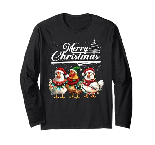 Funny Chicken Christmas Lights Farm Animal Cute Xmas Holiday Maglia a Manica