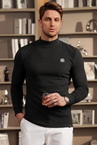 Image of Herberton Mens Mock Turtleneck Shirts Thermal Fleece Casual Undershirt | Mockneck, Long Sleeve, Warm Fleeced, Regular Fit, Soft Feel, Stretchy, Solid Color, Embroidery Design, Cold Weather, S-2XL