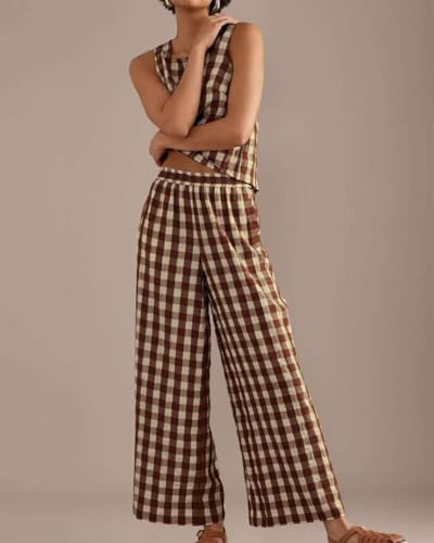 Women 2 Piece Summer Outfits Gingham Lounge Set Y2k Plaid Sleeveless Top Wide Leg Pants Matching Set3