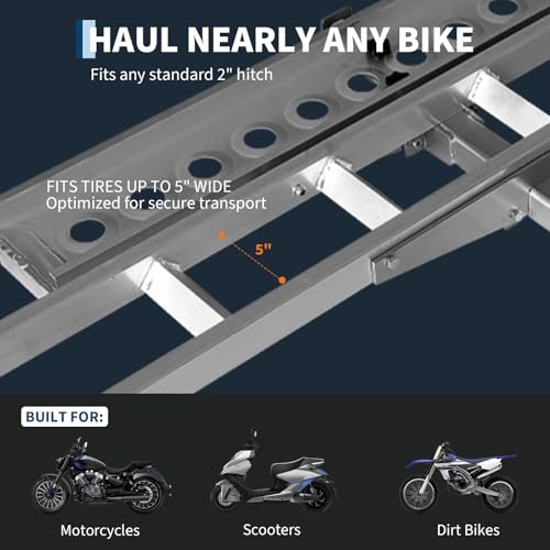 Motorcycle Carrier Ultra-Duty 600LB Motorcycle Hitch Carrier Rack | Plataforma arqueada y sistema anti-vibración para transporte profesional de motos de cross, rampa antideslizante y estabilización de conexión rápida miniatura 5