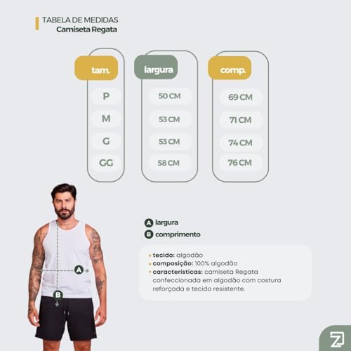 Camiseta Regata Masculina Algodão Premium (BR, Alfa, P, Slim, BRANCO)