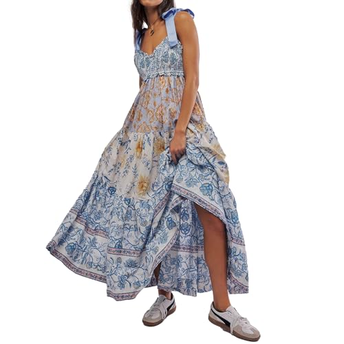 Women Floral Boho Sundress Tie Shoulder Smocked Patchwork Flowy Maxi Dresses with Pockets Summer Fall