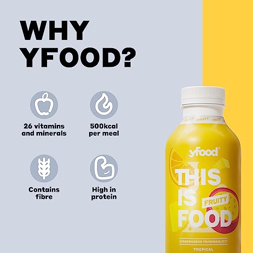 yfood Drink Tropical Fruity, Delicious Shake for On-The-Go, THIS IS FOOD Meal Replacement, 28g Protein, 26 Vitamins and Minerals, 12 x 500ml, Protein Drinks Ready to Drink - Tropical Fruit Taste