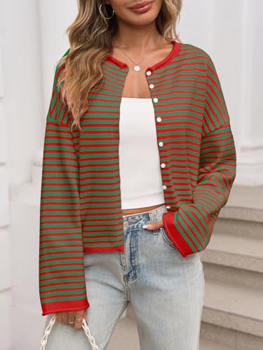 Image of Saodimallsu Womens Striped Cardigan Casual Long Sleeve Open Front Button Down Loose Knit Lightweight Fall Sweaters