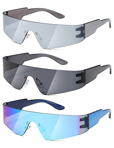 MASDUN Trendy Rimless Futuristic Wrap Around Sunglasses Women Men,Cyberpunk Visor Shades Fashion Sun Glasses (3 Pack)