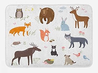 Lunarable Cabin Bath Mat, Animals in The Springtime Meadow Childish Woodland Fauna Kids
