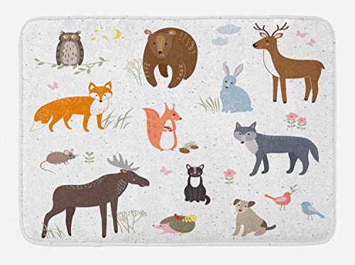 Lunarable Cabin Bath Mat, Animals in The Springtime Meadow Childish Woodland Fauna Kids