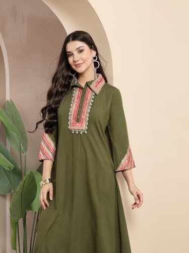 Image of Stylum Women's Solid & Embroidered Rayon A-Line Kurta Pant Set