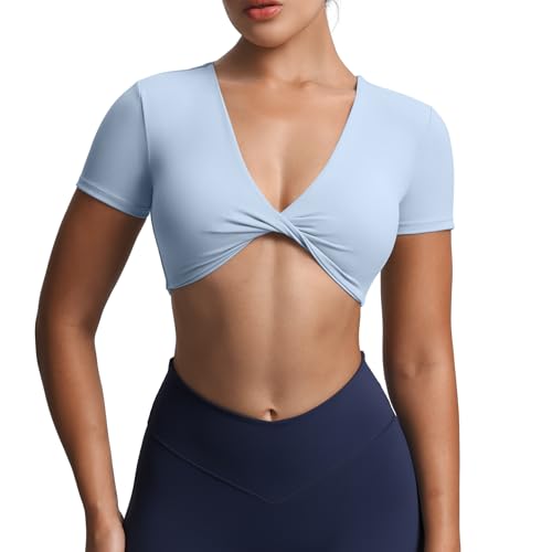 Image of Aoxjox Short Sleeve Crop Tops for Women Sienna Twist Deep V Workout Cropped T Shirt Top