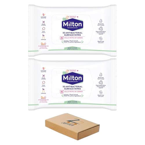 ZOPPER Milton Antibacterial Surface Wipes (2 x 30 Wipes) Baby Safe Disinfectant for Toyas Soothers & Highchairs Plant Based No Rinse Formula