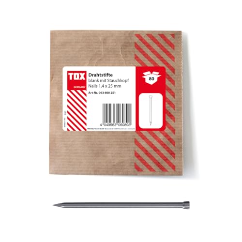 TOX 063600251 1.4 x 25 mm Wire Pins Nails Compressed Head for Almost Invisible Fixings in Wood, Blank Steel, Pack of 80 in a Resealable and Environmentally Friendly Paper Packaging, Silver