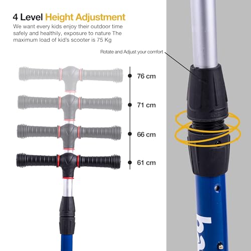 Image of Baybee Flash Kick Scooter for Kids | Smart Foldable 3 Wheel Kids Scooter with 4 Height Adjustable, LED PU Wheels & Brake | Skating Scooters Upto 75 Kg Capacity | Skate Scooters for Kid (Blue)