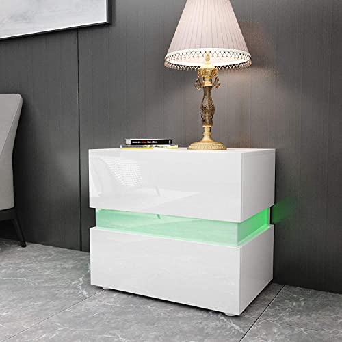 JYMTOM Table de Chevet avec RVB LED d'éclairage de Couleurs Variées, Table de Nuit avec 2 Tiroirs Couissants, Meuble de Rangements en Haute Brillance pour Chambre à Coucher, Salon (60*40*54cm, Blanc) Cover