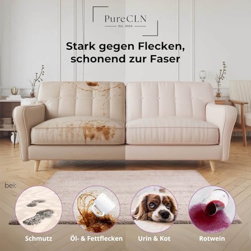 PureCLN Teppich und Polsterreiniger, 2L Konzentrat – Teppich Reiniger mit Kraftformel & Farbauffrischer – Profi Polsterreiniger für Waschsauger zur Tiefenreinigung – Made in Germany