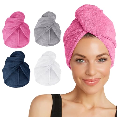 Image of Turbie Twist 4-Pack Microfiber Hair Towel for Beauty, Travel, Gifting - Hair Wrap Turban for Straight, Wavy & Curly Hair - Premium Personal Care - Pink, Blue, Grey & White