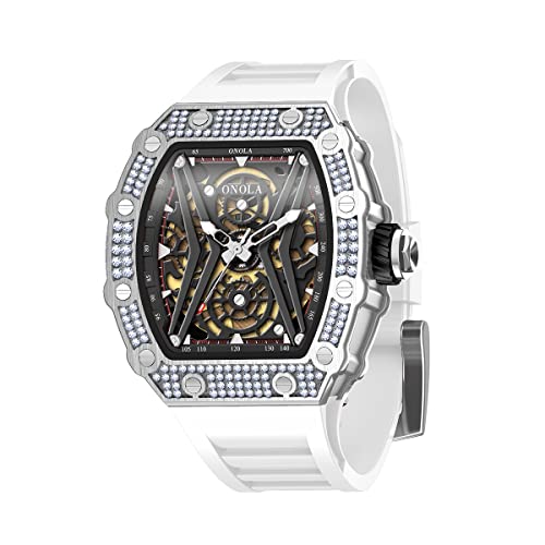 Men's Luxury Watch Rectangle Square Stylish Tonneau Skeleton Automatic Big Face Business Birthday Graduation Gift Wrist Watch For Him Cool Diamond Luminous Big Face Watches For Men(Silver White D) #TOP6