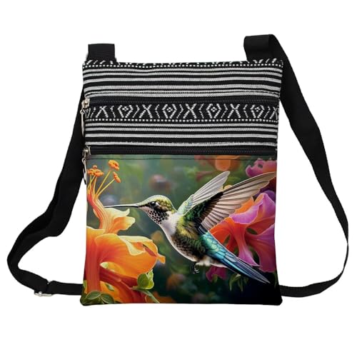 Hummingbird Messenger Bag Small Ethnic Pattern Printed Adjustable Strap Crossbody Zipper Pouch Hummingbird Phone Organizer Wallet Cute Shoulder Handbag for Women