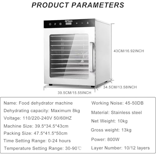 1000W Commercial Freeze Dryer, 10/12 Layers Food Dehydrator, Timing: 0-24 H, Temperature: 86℉~194℉, Electric Drying Fruits Machine for Vegetables, Meat, Seafood,12Layer