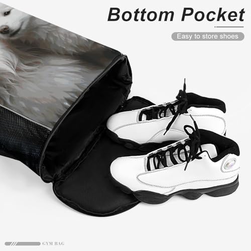 Drawstring Backpack Sports Gym Swim Bag with Shoes Compartment White Dog Stuff Sack4