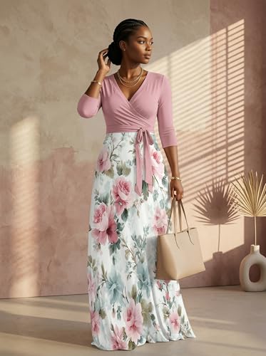 Image of PinkPatty Plus Size Maxi Dress for Women Casual V Neck 3 /4 Sleeve Boho Printed Long Dress with Pockets