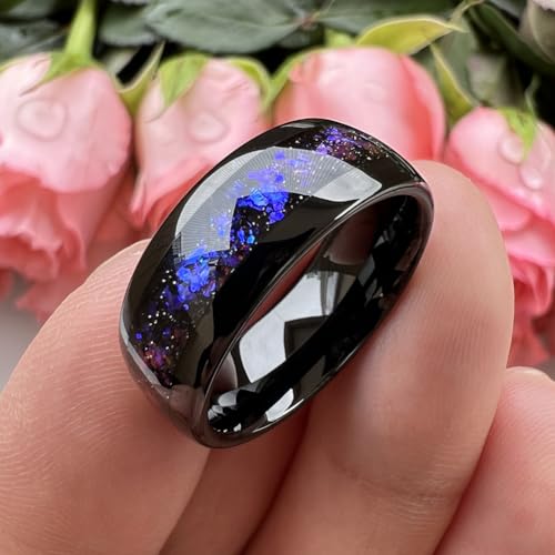 8mm Silver/Black/Gunmetal Tungsten Rings for Men Women Orion Nebula Opal Galaxy Fragment Inlay Fashion Jewelry Engagement Wedding Promise Band Polished Shiny Comfort Fit4