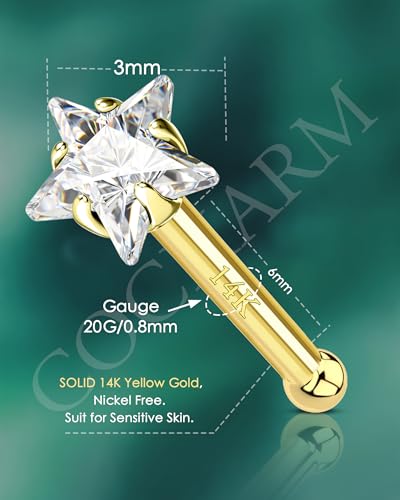 COCHARM 14k Solid Gold Heart Star Nose Stud 20g Yellow Solid Bone Nose Stud 14k Real Gold Nose Ring Stud Hypoallergenic 14Kt Nose Piercing For Women Men3