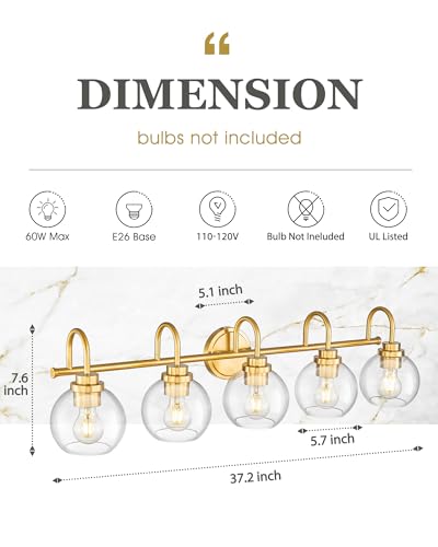 Image of Bathroom Light Fixtures, 5-Light Brushed Gold Vanity Lights with Globe Clear Glass, 35 Inch Champagne Bronze Vanity Lighting Fixtures Over Mirror, AD-22280-5W-GD