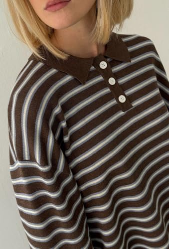Women Y2K Striped Polo Sweater Long Sleeve Color Block Lapel V Neck Knit Jumper Tops Oversized Sweater3
