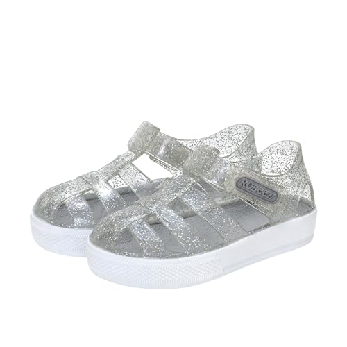 Robeez Toddler Boys and Girls Jelly Summer Sandals Waterproof Slip Resistant Closed Toe Water Shoes with Easy On Hook and Loop Closure Clear 8 Toddler
