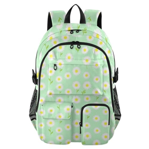 Mochila para laptop de diseño de margaritas y tonos primavera verde salvia