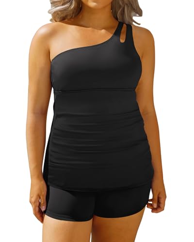 Daci Women Plus Size Tankini Swimsuit Two Piece Tummy Control Bathing Suits One Shoulder Swimwear with Shorts3
