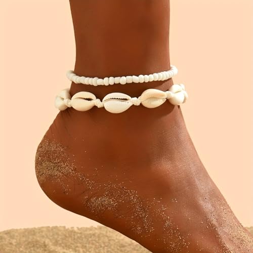 Image of Qceasiy Bead Ankle Bracelets Set For Women, Adjustable Gold Plated Boho Shell Anklet, Hawaiian Beach Seashell Pearl Disc Starfish Conch Foot Jewelry, Summer Fashion Gifts