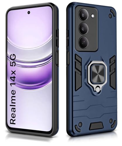 Image of WOW IMAGINE Shock Proof Back Case Mobile Cover for Realme 14x 5G | Back Cover Case (Tough Armor | Hybrid PC + TPU | Ring Holder & in-Built Kickstand | Blue)