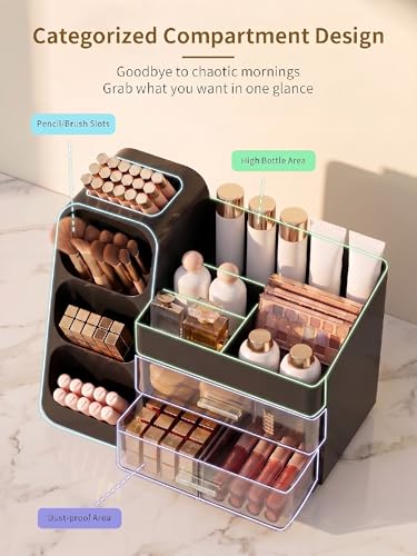Image of Booklov Makeup Organizer for Vanity, Large Capacity Cosmetic Display Case with Drawers, Countertop Beauty Storage Holder for Skincare, Brush Eyeliner Perfume Eyeshadow Lipsticks, Counter Desk, Black