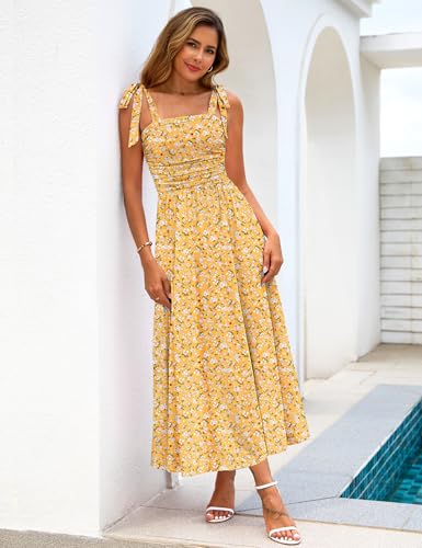 Zattcas Womens 2025 Summer Spaghetti Strap Floral Maxi Dress with Pockets Smocked Flowy Long Beach Vacation Sundresses3